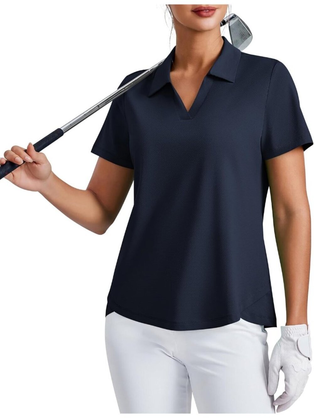 Womens Navy Blue  Golf Shirt UPF50+ Short Sleeve V-Neck Tennis Collared Tops